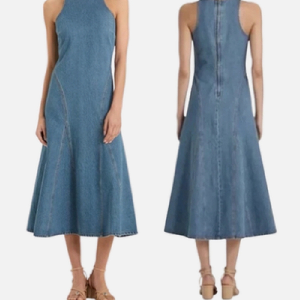 Sleeveless Blue Denim Halter Midi Dress